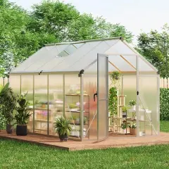 6x10 FT Greenhouse, Easy Assembly Aluminum Polycarbonate Greenhouses for Outdoors with Roof Vent and Ground Nails
