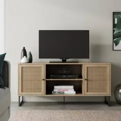47" Mina Rattan and Wood 2 Door TV Cabinet for TVs up to 59" Light Oak/Matte Black - Nathan James