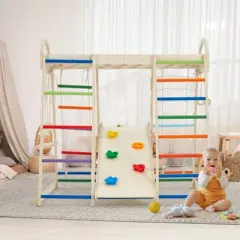 EROMMY 8-in-1 Wooden Climbing Toys, Indoor Playground Jungle Gym, Kids Playground Climbing Gym For Toddlers, With Slide, Monkey Bar, Swing