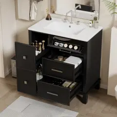 30 Inch Black Bathroom Vanity with Ceramic Sink, Modern Bathroom Sink Cabinet with Flip-Out Drawer Design