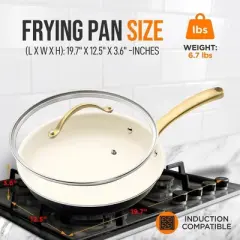 NutriChef 12&rdquo; Fry Pan With Lid - Large Skillet Nonstick Frying Pan with Golden Titanium Coated Silicone Handle, Ceramic Coating