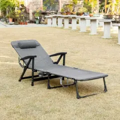 Outsunny Outdoor Folding Chaise Lounge Chair, Mesh Fabric Pool Chair with Adjustable Backrest, Pillow and Cup Holder for Poolside, Deck, Gray