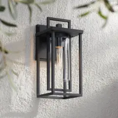 Possini Euro Design Raynor 13 1/2" High Modern Outdoor Wall Barn Light Fixture Mount Porch House Weatherproof Sand Black Aluminum Clear Glass Shade