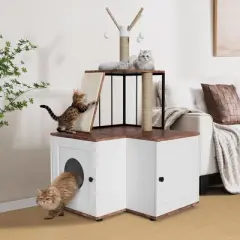 Cat Litter Box Enclosure with Scratching Post, Hanging Balls, 2-in-1 L-Shaped Corner Cat Litterbox with Storage Cabinet