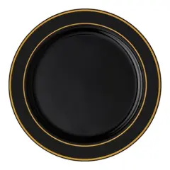 Smarty Had A Party 10.25" Black w/ Gold Edge Rim Plastic Dinner Plates - 120 pcs
