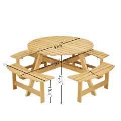 DSVIMOY Patio Picnic Table, 8 Person Round Picnic Table with 4 Built-in Benches, Picnic Table with Umbrella Hole, Yellow, 70.08"*70.08"*27.17"