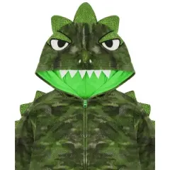 Sleep On It Boys Camo Dino Zip-Up Hooded Sleeper Pajama with Built Up 3D Character Hood