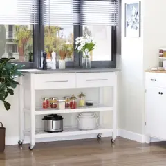 HOMCOM Kitchen Island with Stainless Steel Top, Traditional Kitchen Island with Storage, 2-Tier Open Shelves, Drawers, White