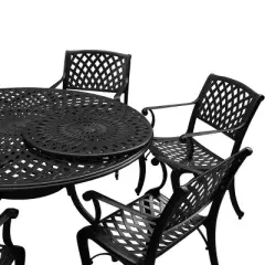 7pc Outdoor Dining Set with 59" Ornate Mesh Aluminum Round Table & Modern Chairs - Black - Oakland Living