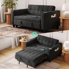 3-in-1 Convertible Sofa Bed, 54" Pull Out Sleeper Sofa with Charging Station & Cup Holder