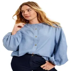 June + Vie by Roaman's Women&rsquo;s Plus Size Puff Sleeve Chambray Jacket