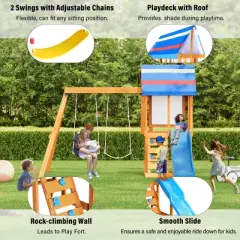 Ridstar 3 in 1 Children's Wooden Outdoor Swing Set with Slide, 2 Swings & Climber For Garden, Backyard & Playground-Blue