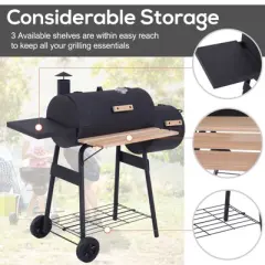 Kumasinova 48" Steel Portable Backyard Charcoal BBQ Grill, Offset Smoker Combo, Wheels, Ample Storage, Thermometer, Wood Handles