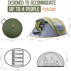Camping Tent - 4-Person Easy Pop Up Tent with 2 Doors - UPF50+ Waterproof Instant Tent - Lightweight & Portable Family Tents Maple99