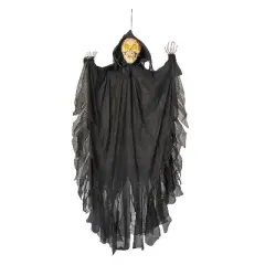 Morris Costumes 47 1/4" Animated Hanging Skeleton Reaper with Black Cloak Halloween Decoration