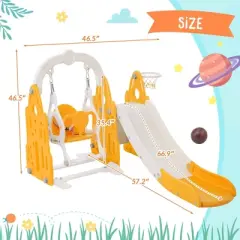 Garvee 4 In 1 Toddler Slide And Swing Set Kids Freestanding Climber Slide Playset With Basketball Hoop Rocket Themed Slide For Birthday Gifts, Yellow