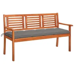 vidaXL 3-Seater Patio Bench with Gray Cushion in Solid Eucalyptus Wood - Outdoor Comfortable Seating - Easy Assembly - Durable and Weather-Resistant