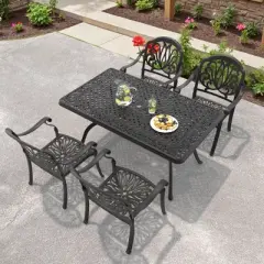 5-Piece Cast Aluminum Outdoor Dining Set: Rectangle Table, Stackable Chairs & Brown Cushions - All-Weather Patio Furniture for Your Backyard