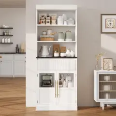 Nasitip 70" Kitchen Pantry Cabinet with Open Shelves, Fluted Drawer and Glass Doors, Wood Display Cabinet for Kitchen, Living Room