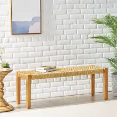 43" Backless Acacia Wood Patio Bench with Faux Rattan Seat,Handcrafted Indoor Outdoor Dining Bench for Entryway Garden Porch-Baofuwish