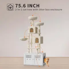 75.6'' Modern 2-in-1 Cat Tree & Hidden Litter Box Enclosure &ndash; Wooden Tower with Condo, Hammock, Scratching Post, Plush Perch & Removable Pompoms