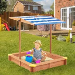 KTMBDW Wooden Sandbox with Lid, Kids Sandbox with Canopy Outdoor, Sandboxes with Covers Foldable Bench Seats for Backyard, Gift for Ages 2-8