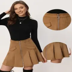 Allegra K Women's Faux Suede Zipper Front High Waist A-Line Mini Skater Skirt