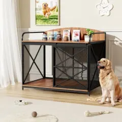 Heavy Duty Large Dog House Dog Crate Wooden Cage Indoor Kennel Furniture Decorative Pet House Dog Shelter Side Table End Table, Brown/Gray+Black-Moder