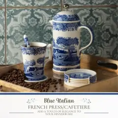 Spode Blue Italian Porcelain French Press with Stainless Steel Plunger - 28 oz Cafetiere for Manual Coffee Brewing, Coffee Cart Accessories