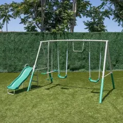 The Swing Company Yonkers Metal Swing Set with Glide Ride Trapeze Bar and 5' Slide