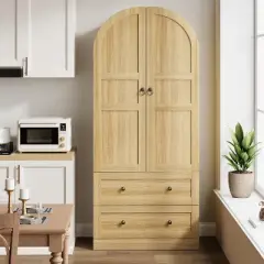 72" Tall Arched Kitchen Pantry Cabinet, Farmhouse Pantry Storage Cabinet with 2 Drawers & Wood Door, Freestanding Versatile Pantry Cabinets