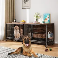 2 in1 Furniture Style Dog Crate, MDF Metal Dog Crate, Indoor Pet Kennel Cage with Shelves & Moveable Tray & Wheels, Puppy House for Home, Farmhouse