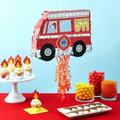 Blue Panda Small Pull String Fire Truck Pinata for Birthday Party Decorations, Firefighter Party Supplies, 16 x 12.3 x 3 In