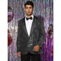 Lars Amadeus Men's Peak Lapel Prom Party Plaid Shining Sequin Blazer