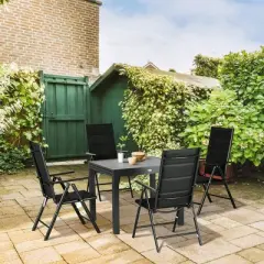 Outsunny 7 Piece Patio Dining Set for 6, Expandable Outdoor Table, Folding & Reclining Chairs, Aluminum Frames, Mesh Fabric Seats, Black