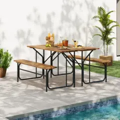 Tangkula 2PCS Table Bench Set for 2 Picnic Table & Loveseat w/Acacia Wood Top Metal Legs