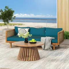 FIONECA Claremont 3-Seater Patio Daybed with Blue Cushions and Acacia Wood Coffee Table &uml;C Outdoor Furniture Set