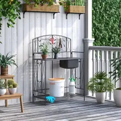 Outsunny Folding Potting Bench Table, Metal Garden Workstation, Work Bench with Large Built-in Bag with Cover, 5 Hanging Hooks & Storage Shelf,