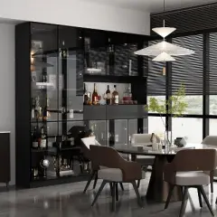 Famapy Black 78.7"W Large Combo Storage Cabinet Spacious Pantry With Light Modular Display Cabinet