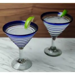 Dos Sue&ntilde;os Mexican Hand Blown Modern Margarita Glasses - Blue Spiral - 12oz - Set of 2