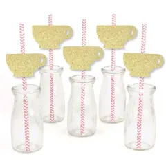 Big Dot of Happiness Gold Glitter Tea Cup Party Straws - No-Mess Real Gold Glitter Cut-Outs and Decorative Garden Tea Party Paper Straws - Set of 24