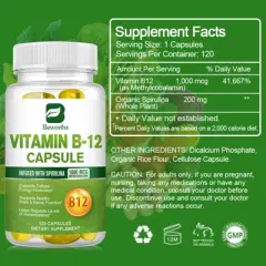 B Beworth Vitamin B12 Capsule 1000 Mcg Methyl B12 with Organic Spirulina Supports Energy, Heart & Eye Health - 120 Capsules