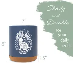 Elanze Designs 8 inch Floral Rabbit Leaf Dot Pattern Large Ceramic Kitchen Utensil Holder Navy Blue and White Crock with Cork Base