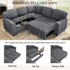 L-Shaped Sectional Sofa Bed with Pull-Out and Storage, Corduroy Sleeper Sofa with USB Charging for Living Room, Convertible Sectional Sofa-Koiai