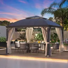 EROMMY 12'x12' Hardtop Gazebo Patio Furniture, Aluminum Frame Double Roof, Privacy Curtains and Premium Net for Patio Lawn and Garden
