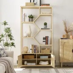 7-Tier Rattan Storage Bookshelf with 2 Doors, Natural &ndash; ModernLuxe