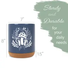 Elanze Designs 8 inch Floral Mushroom Leaf Large Ceramic Kitchen Utensil Holder Navy Blue and White Crock with Cork Base