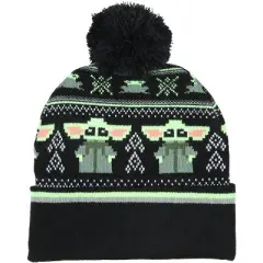 Star Wars The Child Baby Yoda Fairisle Cuff Knit Pom Youth Beanie Black