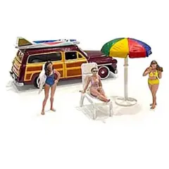 "Beach Girls" 5 piece Diecast Set (3 Figurines, 1 Beach Chaise and 1 Beach Umbrella) for 1/64 Scale Models by American Diorama