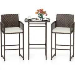 Costway 3 PCS Patio Bar Set Wicker Table & Armchairs with  2 Cushions & Glass Tabletop